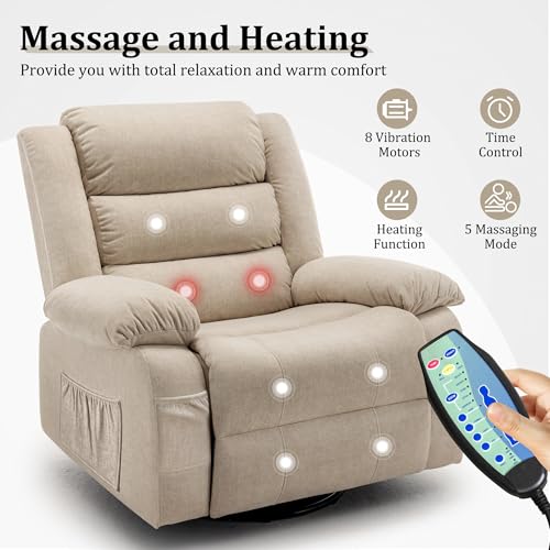 Korser Recliner Chair, Wide Rocker Chair, Rocking Chair with Massage and Heat,360°Swivel Nursery Rocking Chairs, Oversized Recliner for Adults, Cashmere Reclining Sofa for Living Room, Khaki