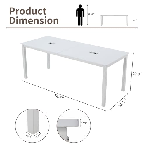 ECOTOUGE 6.5FT Conference Table, 78.7 inch Rectangle Meeting Seminar Table for 6-8 People, Modern Industrial Computer Desk with Cable Management Grommets Business Tables (Only Table), White ECOTOUGE