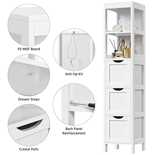 Yaheetech Bathroom Tall Cabinet, Slim Storage Cabinet, Narrow Freestanding Floor Cabinet with 3 Drawers & 2 Shelves, Linen Tower for Small Space, 12" D x 12" W x 56" H, White Yaheetech