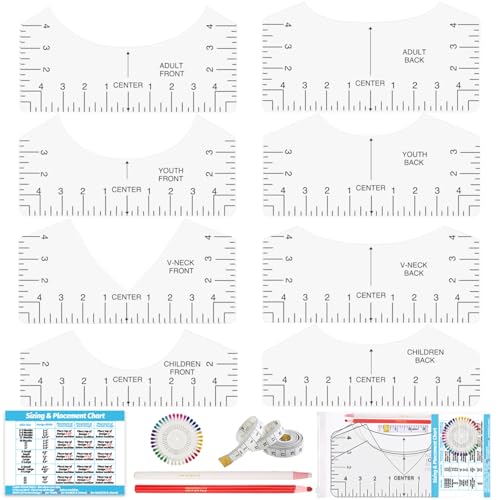 12Pcs Tshirt Ruler Guide for Vinyl Alignment, T Shirt Rulers to Center Designs Pocket Logo, Fit for Heat Press, Alignment, Children Youth Adult, Front and Back Measurement Belalasuyu
