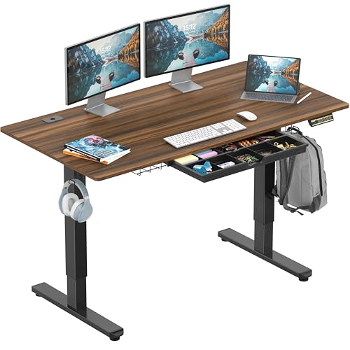 SHW 55 x 28 Inches Electric Height Adjustable Standing Desk with Drawer and Memory Preset, Walnut SHW