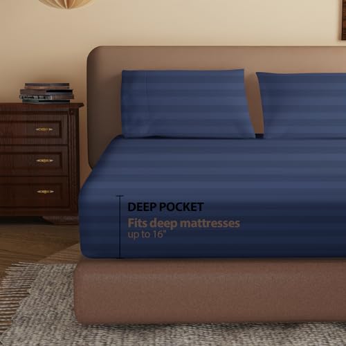 100% Egyptian Cotton Fitted Sheet Twin Size, 600 Thread Count, Single Fitted Sheet Only,8”-16" Deep Pocket Sheet, Soft & Elastic Sateen Weave Bottom Sheet for Home(Navy Blue-Stripe, Twin) Zaizaihome