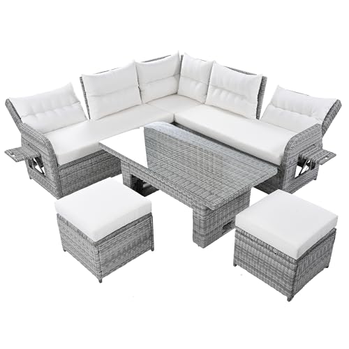 YOPTO 8-Piece Outdoor Furniture Couch Set,Rattan Patio Conversation Sectional Sofa Set with Adjustable Table,Recliners W/Extendable Side Tables & 2 Movable Ottomans,for Patio,Lawn,Backyard,Pool,Beige YOPTO
