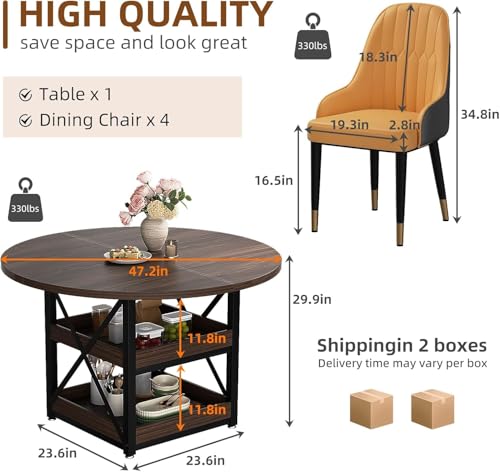 XINNQEE 5-Piece Round Dining Table Set for 4 with Storage, Kitchen Table with 4 PU Leather Chairs, Space Saving for Breakfast Nook, Dinette, Dining Room (Walnut Dining Table-4 Brown Chairs) XINNQEE