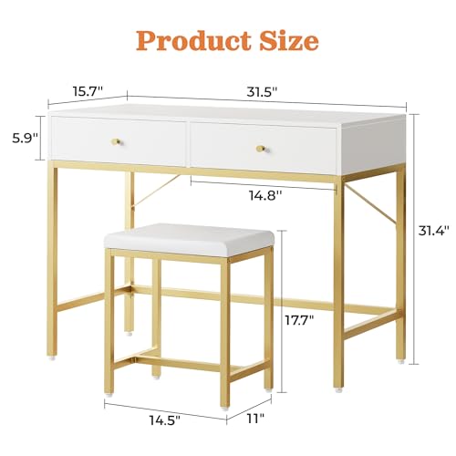 SUPERJARE 31.5" White and Gold Desk with 2 Drawers, Modern Makeup Vanity with Padded Stool, Small Computer Desk Home Office Desk for Writing Study Bedroom SUPERJARE