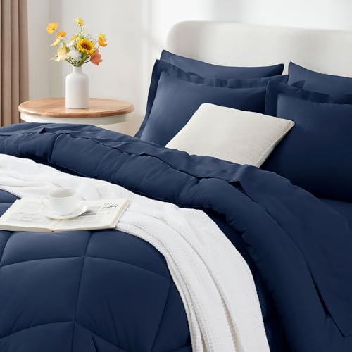 CozyLux Full Size Comforter Sets Navy Blue - 7 Pieces Bed in a Bag Full, Luxury Soft Bed Set for All Seasons, Bedding Set with Down Alternative Comforter, Sheets, Pillowcases & Shams CozyLux
