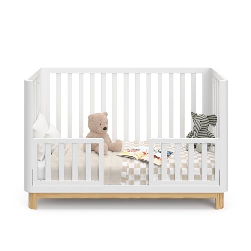 Storkcraft Santos 3-in-1 Convertible Crib (White with Natural) – GREENGUARD Gold Certified, Fits Standard Crib Mattress, Converts to Toddler Bed, Storkcraft