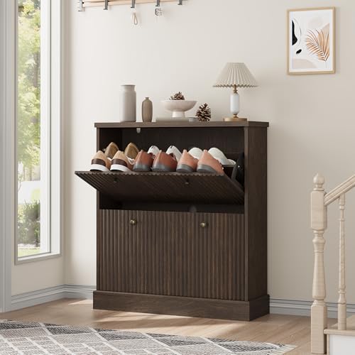 Garvee Shoe Cabinet with 2 Flip Drawers, Modern Narrow Wave Shoe Organizer with Adjustable Shelves, Wooden Freestanding Shoe Cabinet for Entryway, Living Room, Hallway, Walnut Garvee