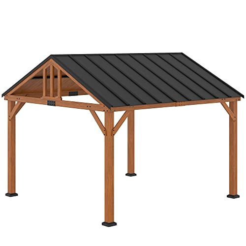 Outsunny 11' x 12' Hardtop Gazebo with Wooden Frame and Waterproof Asphalt Roof, Permanent Pavilion Gazebo Canopy, for Garden, Patio, Backyard, Deck, Porch, Brown Outsunny