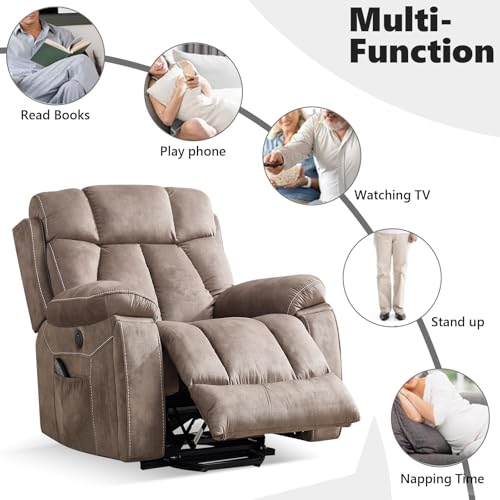 CANMOV Large Power Lift Recliner Chairs with Massage and Heat for Elderly Big People, Heavy Duty Motion Reclining Mechanism-Anti Skid Fabric Recliner Chair with 2 Concealed Cup Holders,Light Brown