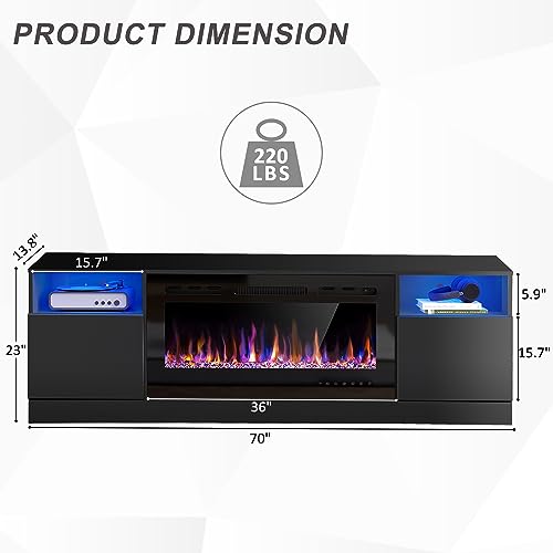 AHB Fireplace TV Stand, LED Light Entertainment Center with 36 Electric Fireplace and Storage Cabinet, Media Console Table for TVs Up to 80 Inches, Ideal for Living Room, 70 Inches (Black) AHB