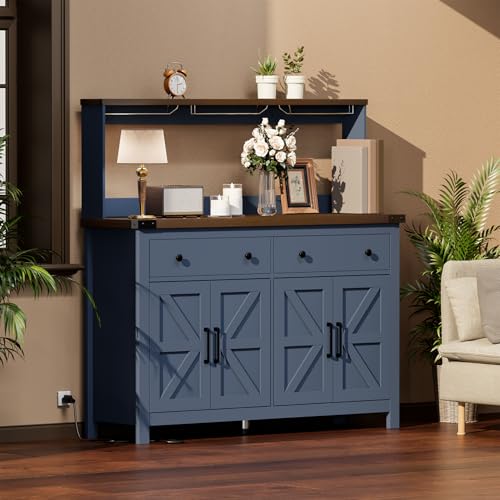VVFLU Hutch Storage Buffet Cabinet with Drawers, and Charging Station, Coffee Bar Cabinet with Barn Doors, Wine Rack and Hooks, Blue Wood Sideboard Buffet for Kitchen, Dining Room, 54.1" High VVFLU