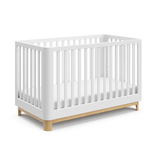 Storkcraft Santos 3-in-1 Convertible Crib (White with Natural) – GREENGUARD Gold Certified, Fits Standard Crib Mattress, Converts to Toddler Bed, Storkcraft