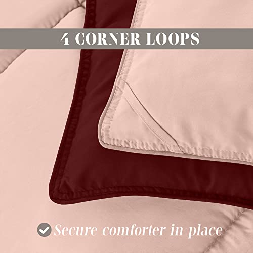 Elegant Comfort 3-Piece Reversible Comforter Set, All Season Cozy, Soft Down Alternative, Quilted - Box Stitched - Duvet Insert with 4 Corner Tabs, Comforter with Shams, Twin XL, Burgundy/Dusty Rose Elegant Comfort