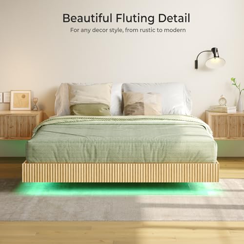 Tatub Natural Queen Floating Bed Frame with LED Lights, Modern Fluted Oak Platform Bed Frame Floating, Heavy Duty Metal Slats, No Box Spring Required Tatub