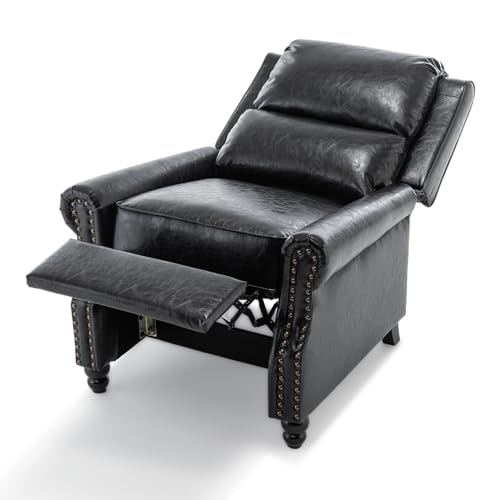 Pushback Recliner Chair, Faux Leather Wingback Recliner Chair, Upholstered Armchair Push Back Recliner with Wood Legs, Rivet Trim Single Sofa Accent Chair for Living Room, Bedroom, Black