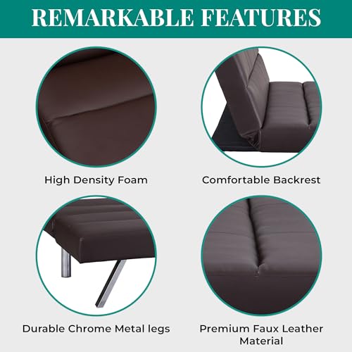Naomi Home Futon Sofa Bed Faux Leather Futon Couch Modern Convertible Folding Sofa Bed Couch with Chrome Legs Reclining Mini Leather Small for Bedroom Living Room Espresso Naomi Home
