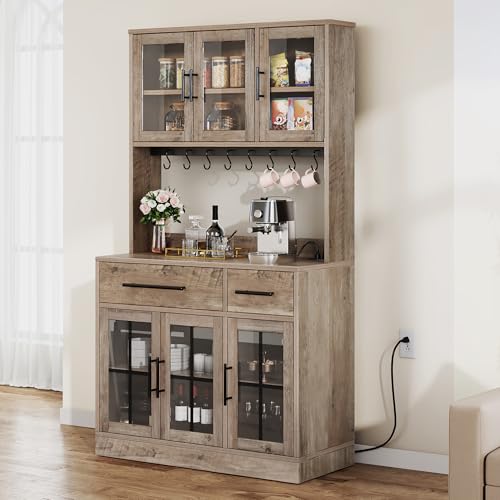 DWVO 71'' Tall Kitchen Pantry Storage Cabinet with Charge Station, Farmhouse Glass Display Food Pantry Hutch with Microwave Stand & Hooks & Drawers & Shelves for Home Living Dining Room, Lvory Grey DWVO