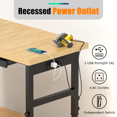 Granper 48" Work Bench with Drawers, Portable Workbench with Wheels and Power Outlets, Heavy-Duty 3000 LBS Capacity Wood Work Table for Garage, Workshop, Office, Home Granper