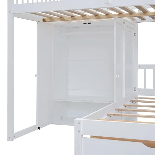 Ball & Cast Full Over Twin Bunk Bed with Safty Guardrail & Storage Stair,Wood Loft Bedframe W/Wardrobe & Drawers,Space-Saving Design,Easy Assembly,Versatile Furniture for Boy Girl Teen Bedroom,White Ball & Cast