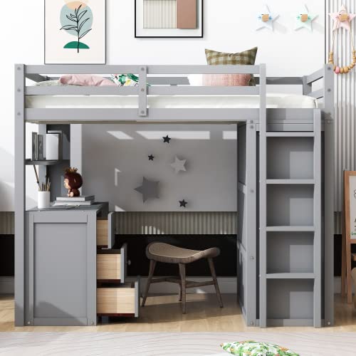 Harper & Bright Designs Twin Size Loft Bed with Desk and Storage Drawers, Wooden Kids Loft Bed Frame with Wardrobe, Grey Harper & Bright Designs