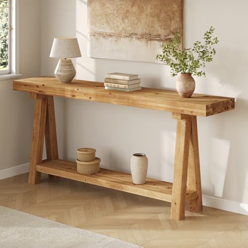 TRIBEWOOD 70.9-Inch Solid Wood Console Table for Entryway, Farmhouse Long Sofa Table with Shelves for Living Room, Hallway, Foyer, Easy Assembly TRIBEWOOD