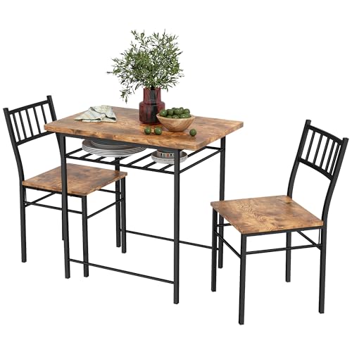 HOMCOM 3-Piece Dining Table Set for 2, Small Kitchen Table and Chairs with Built-in Storage Rack and Steel Frame, for Breakfast Nook and Small Space, Rustic Brown HOMCOM