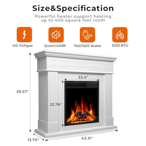 43” Electric Fireplace Mantel Freestanding Electric Fireplace, Remote Control, Adjustable Led Flame, 750W/1500w PEARLWHITE Electactic