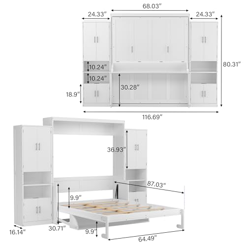 PVWIIK Queen Size Murphy Bed with Storage Drawers & Desk,Wall Bed Frame Folding into Cabinet Design w/Charging Station & Storage Shelf for Small Space,Bedroom,Guest Room,White PVWIIK
