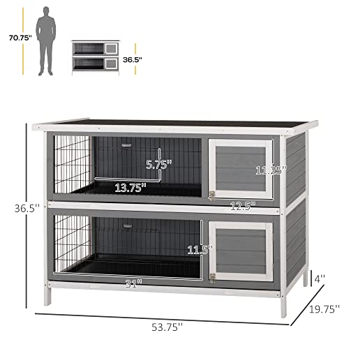 PawHut 54" 2-Story Large Rabbit Hutch Bunny Cage Wooden Pet House Small Animal Habitat with Lockable Doors, No Leak Tray and Waterproof Roof for Outdoor/Indoor Dark Grey PawHut