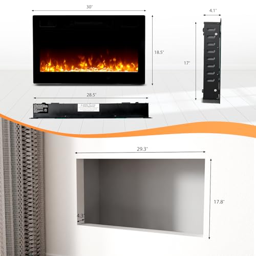 ROVSUN 30'' Electric Fireplace, 2-in-1 Ultra-Thin Wall Mounted & Recessed Fireplace with WiFi & Remote Control & Touch Screen, 1500W Wall Heater with 12 Realistic Flame Color, Timer & Crystal ROVSUN