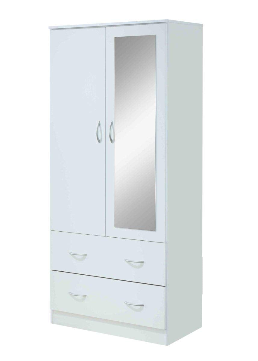 HODEDAH 2 Door Wood Wardrobe Bedroom Closet with Clothing Rod inside Cabinet, 2 Drawers for Storage and Mirror, White Hodedah