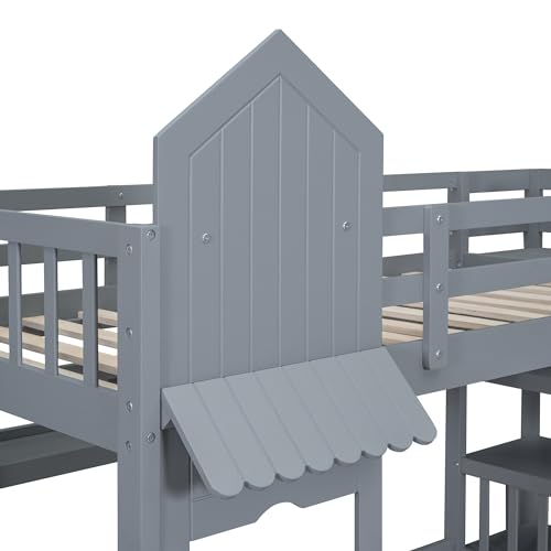 Ball & Cast Twin-Over-Twin Castle Style Bunk Bed,Wood Bunkbed w/ 2 Drawers and 3 Shelves,Full-Length Fence,Bedframe with Slide & Storage Ladder,Space Saving,Slat Support,for Child's Bedroom,Gray Ball & Cast