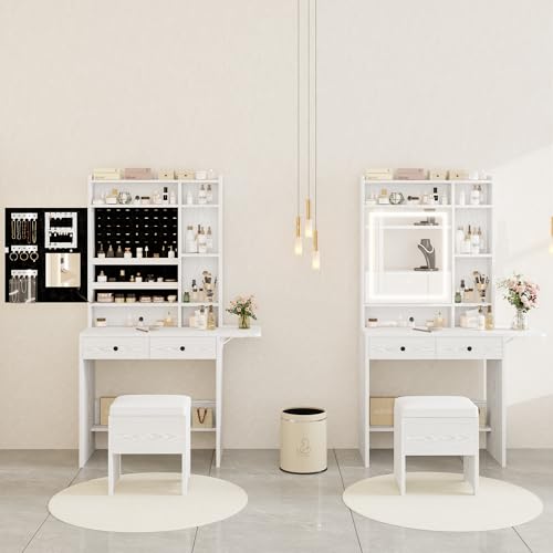 IRONCK Vanity Desk with Mirror and LED Lights, Jewelry Cabinet, Makeup Dressing Table Set with Drawers, Storage Shelves, for Bedroom, 65.3 H White IRONCK