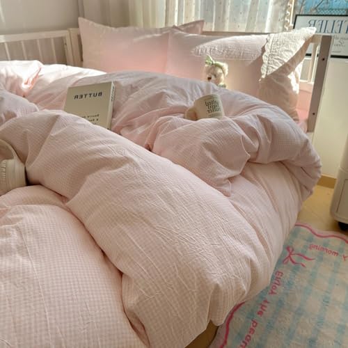 VM VOUGEMARKET Pink Full Duvet Cover Set 3 Pieces Lace Bedding Set Simple Cozy Plaid Checkered Comforter Cover with Zipper Ties for Teen Girls VM VOUGEMARKET