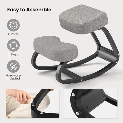 Goplus Ergonomic Kneeling Chair, Rocking Upright Posture Chair with Soft Seat & Knee Pads, Wooden Backless Knee Chair Relieves Neck Back Pain for Home Office Study, Gray and Black Goplus