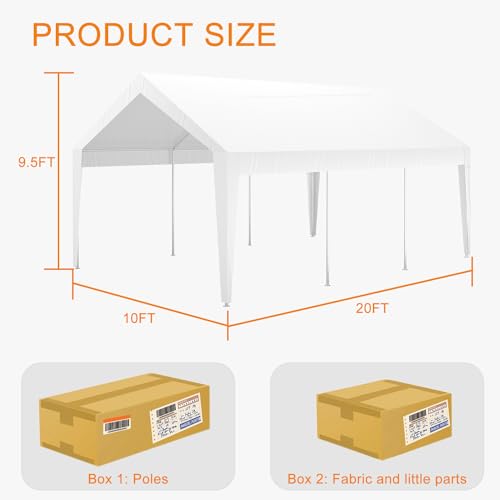 Garvee Carport, 10 ft x20 ft Extra Large Heavy Duty Carport, Portable Heavy Duty Garage Shelter with 8 Legs, Garage Tent for Car, Truck, SUV, Car Canopy with All-Season Tarp - White Garvee