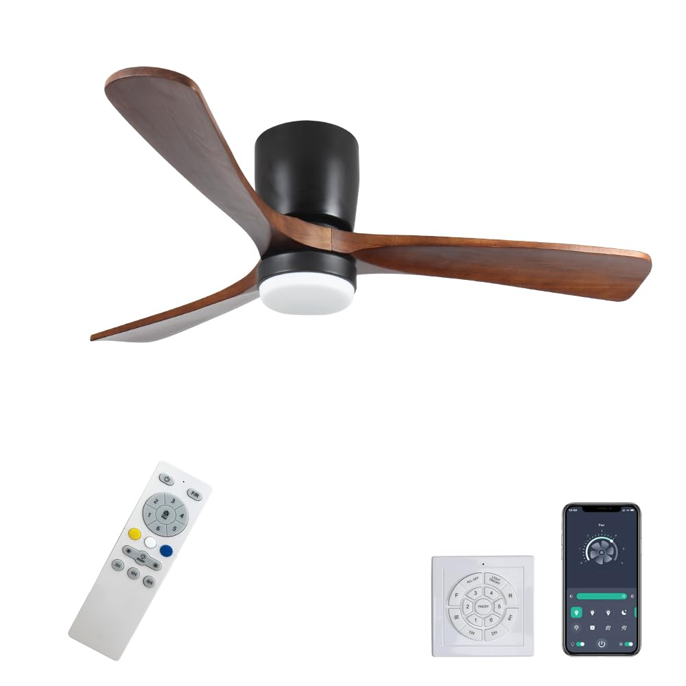 LINJO 42 inch Wood Ceiling Fans with Lights and Remote, Flush Mount Ceiling Fan,Quiet & Reversible DC Motor for Bedroom/Outdoor/Farmhouse/Patios LINJO