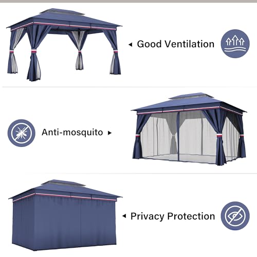 LAUSAINT HOME Outdoor Patio Gazebo 10'x13' with Expansion Bolts, Heavy Duty Gazebos Shelter Party Tent with Double Roofs, Mosquito Nettings and Privacy Screens for Backyard, Garden, Lawn, Elegant Blue LAUSAINT HOME