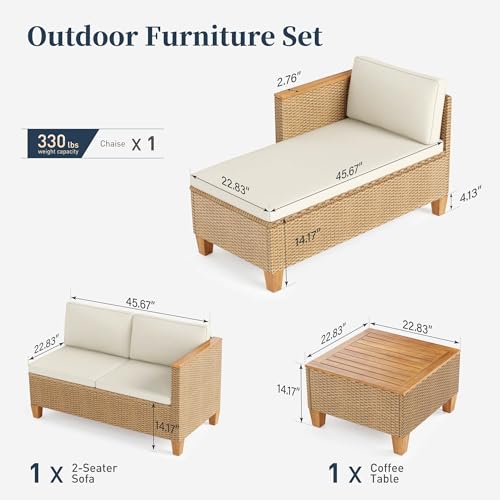 SUNSHINE VALLEY Small Patio Furniture Set, 3 Piece Wicker Outdoor Patio Conversation Set, Outside L-Shaped Sectional Sofa Couch with Chaise Lounge and Coffee Table for Porch Balcony Deck SUNSHINE VALLEY