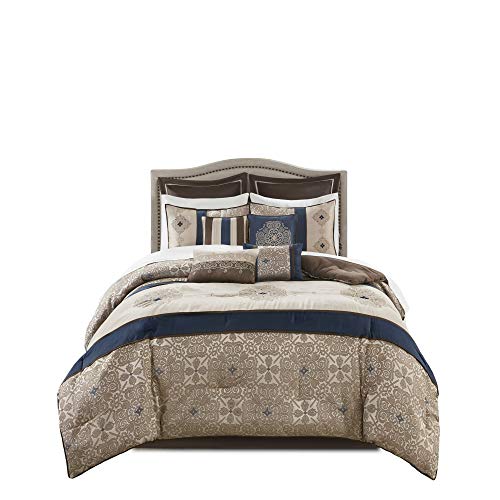 Madison Park Essentials Delaney 24-Piece Room In A Bag Comforter Set-Satin Jacquard All Season Luxury Bedding, Sheets, decorative pillows and Curtains, Valance, Cal King(104"x92"), Medallion Navy Madison Park