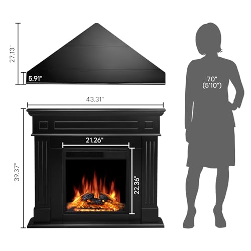 43.31 Inch Corner Fireplace TV Stand with Mantel - Electric Fireplace Heater, Wooden Entertainment Center, Adjustable LED Flame, Freestanding (750W/1500W),Corner Black ZAFRO