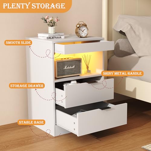 Yusong Night Stand with Gun Drawer & Invisible Lock, Bedside Table, LED Nightstand with Charging Station, Modern Night Stand, Wood Sofa Couch End Side Table with 2 Pull-Out Shelf, White Yusong