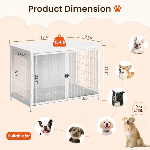 MAHANCRIS Dog Crate Furniture with Cushion, Wooden Dog Kennel with Double Doors, Heavy Duty Dog Cage for Small/Medium/Large Dogs, Indoor Dog House End Table, 39.4" L, White DCBW10701 MAHANCRIS