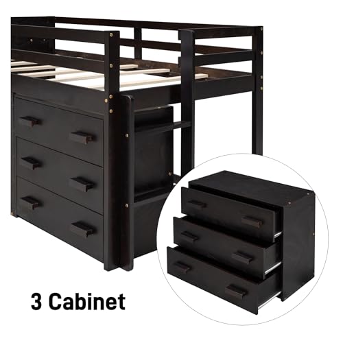 Merax Twin Wooden Loft Bed,Wood Bedframe for Kids Teens, Adults Bedroom with Cabinet, Shelf, Stairs, Espresso Merax