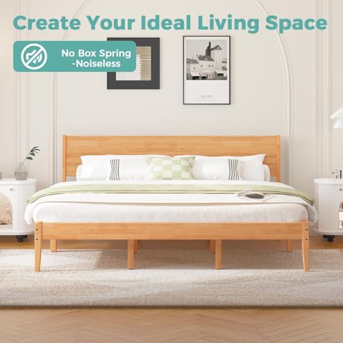 MORDEER King Size Bed Frame and Headboard, Malaysian Oak King Bed Frame with Storage, Modern Platform Bed Frame with Headboard, No Box Spring Needed, Easy Assembly, Rustic Pine MORDEER