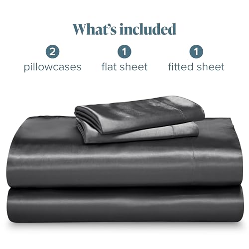 Bare Home King Poly Satin Sheet Set - Luxury Soft and Smooth Satin - for Hair and Skin - Breathable - Similar to Silk - Deep Pocket up to 15” - Bedding Sheet Set (King, Grey) Bare Home