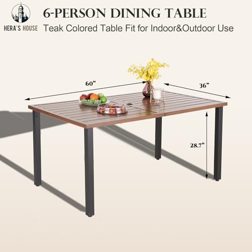 HERA'S HOUSE Outdoor Dining Table for 6, 6-Person Wood-like Metal Steel Slat Rectangle Table with Adjustable Umbrella Hole for Patio Lawn Garden Backyard HERA'S HOUSE