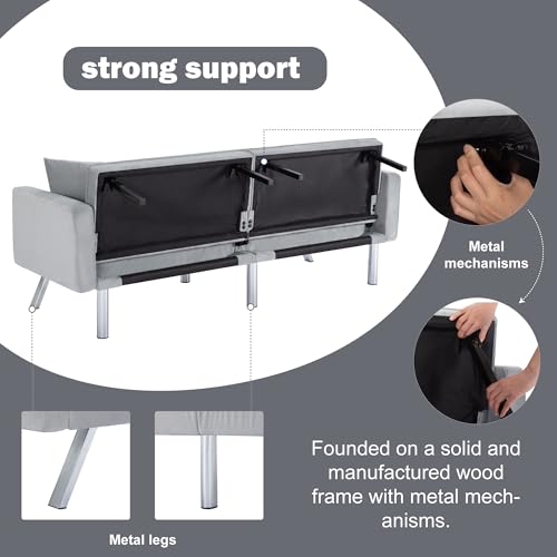 78" Modern Sofa Bed Futon,Convertible Sleeper Bed Couch with 4 Reclining Backrest,Comfy Velvet Cloud Sofa Loveseat for Living Room Bedroom Office (Grey) Anwick