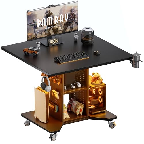 Pamray Small Rolling Gaming Desk with Led Lights Power Outlets and Storage Pegboard, Small Spaces Compact PC Computer Table Balck Pamray